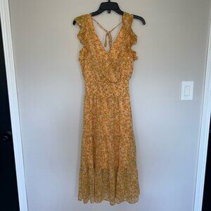 Mustard yellow with white and green floral design Sienna Sky Small Maxi Dress